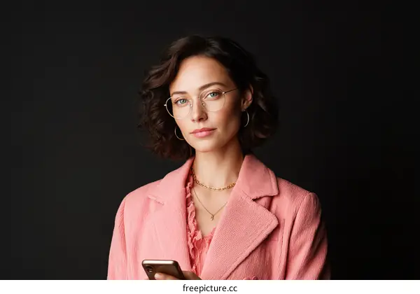 Woman in a Pink Coat with Glasses Holding a Smartphone