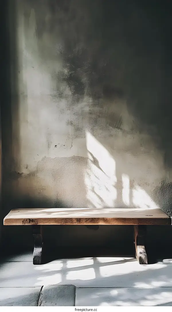 Wooden Bench Against Concrete Wall With Sunlight