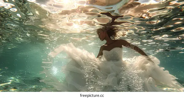 Underwater wedding dress photoshoot of a black bride in a white wedding dress