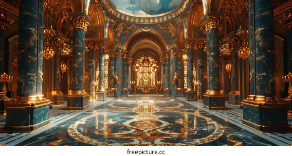 Opulent Marble Hallway Graced by Gilded Statues