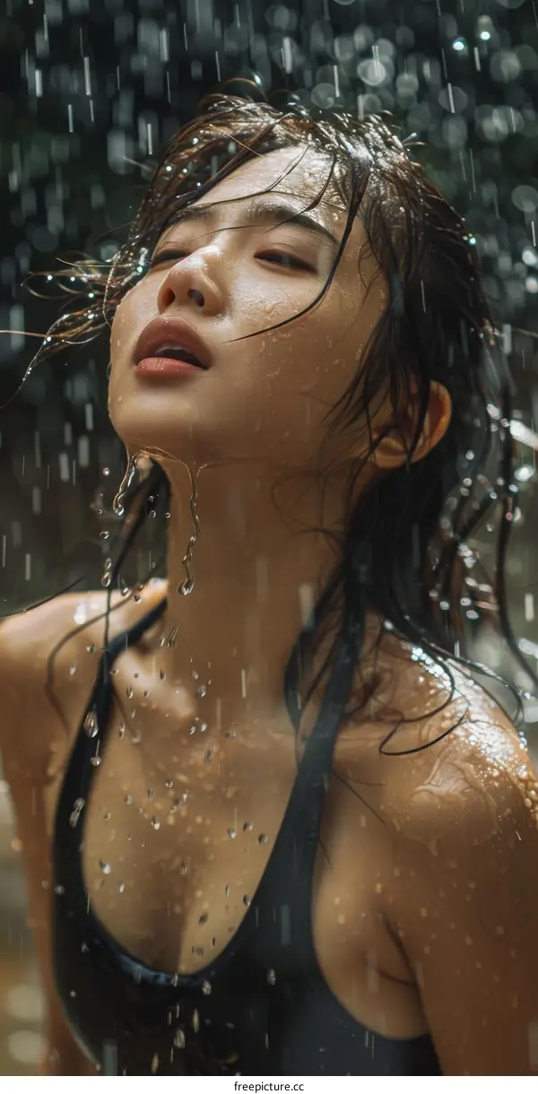 Asian woman standing in the rain with her eyes closed