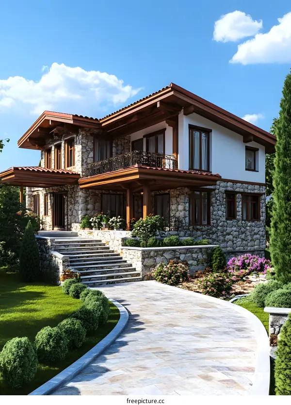 Modern Stone House with Large Balcony and Landscaped Garden