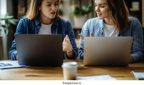 Two Women Discussing Work on Laptops