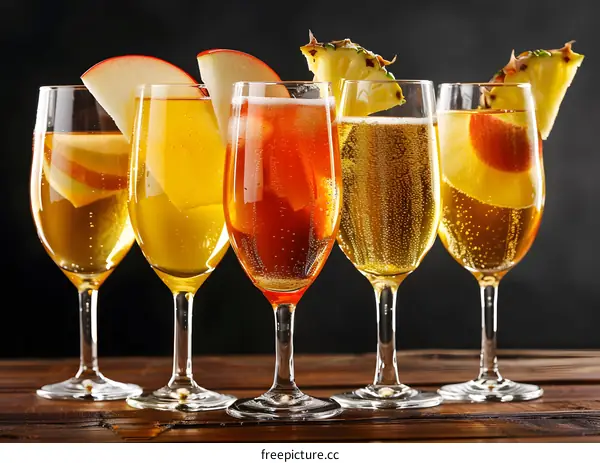 Closeup of Four Glasses of Sparkling Wine With Apple and Pineapple Slices
