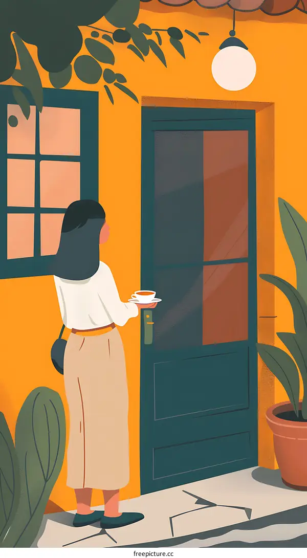 Woman Holding Tea Cup at Doorway