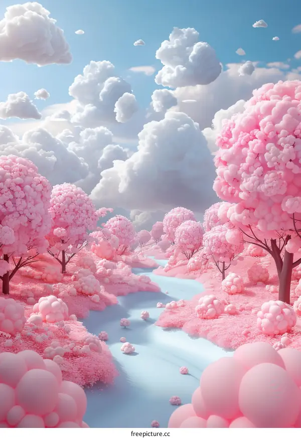 Pink Fantasy Forest with Fluffy Cloud