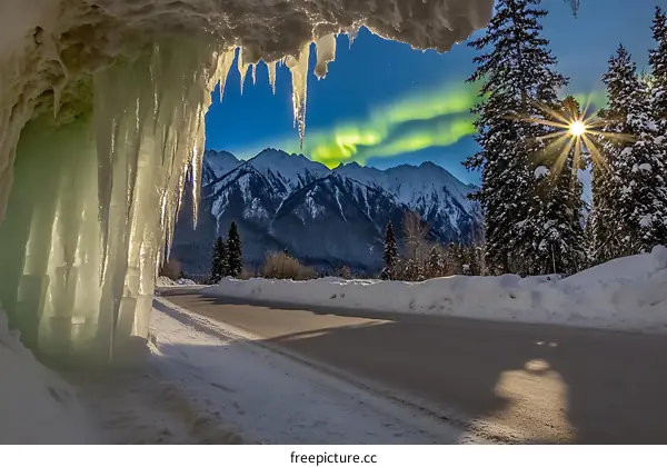 Mountain Landscape With Icicles And Northern Lights