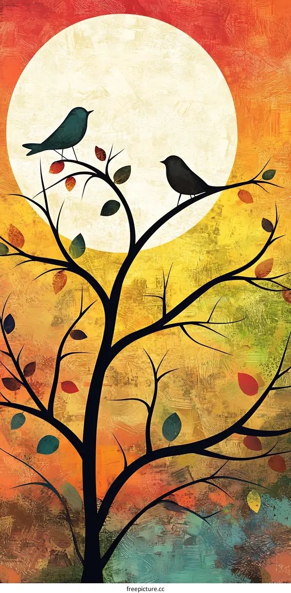 Two Birds on a Branch With Sun