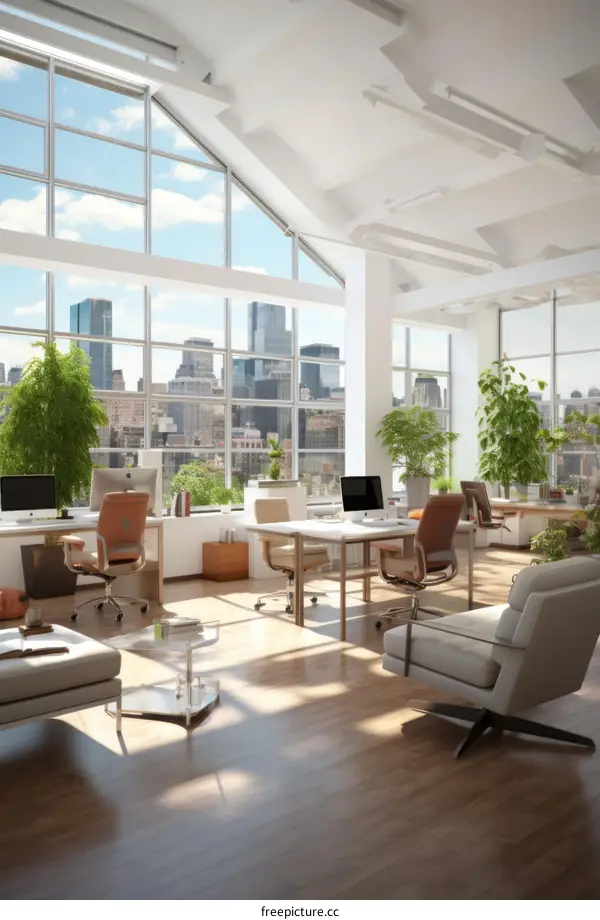 Modern office interior with large windows and city view
