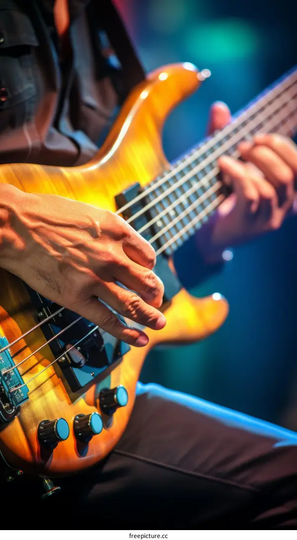 Close-up of a musician playing an electric bass guitar on stage during a live performance