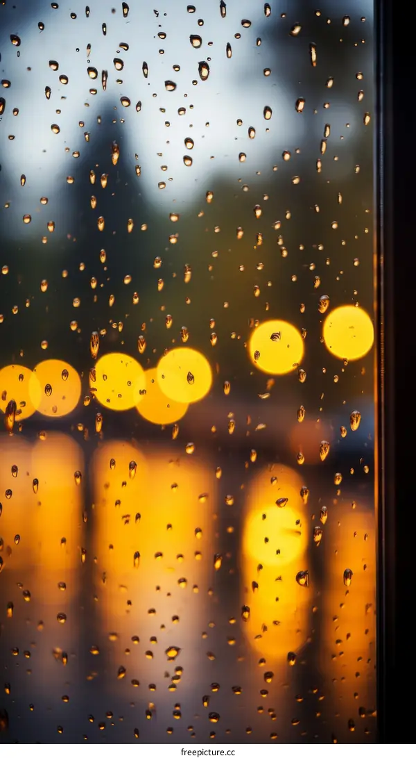 Raindrops on a windowpane with blurred city lights in the background