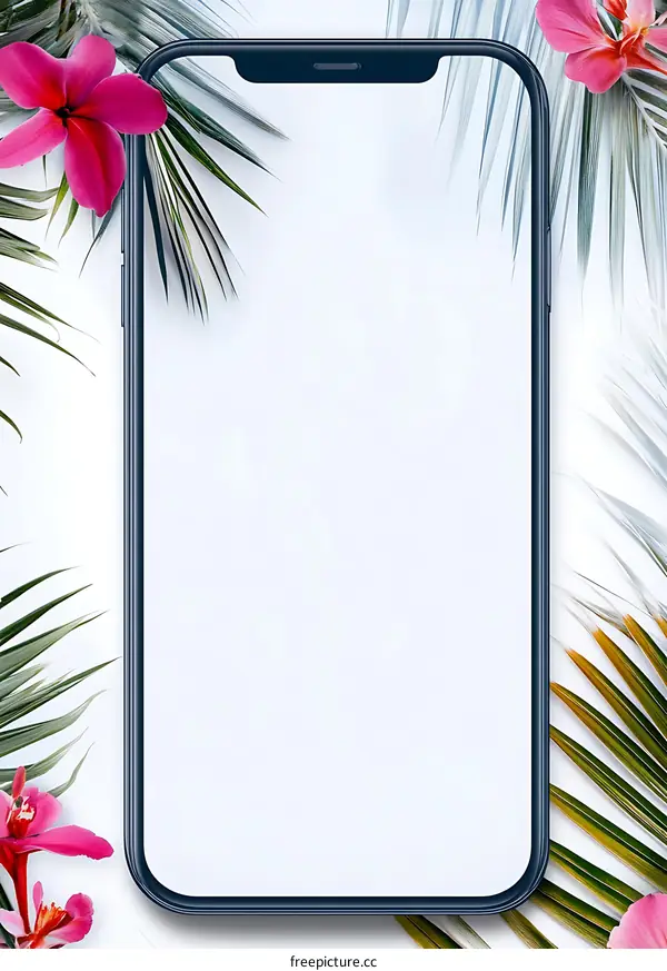 Blank Smartphone Screen With Tropical Flowers and Palm Leaves