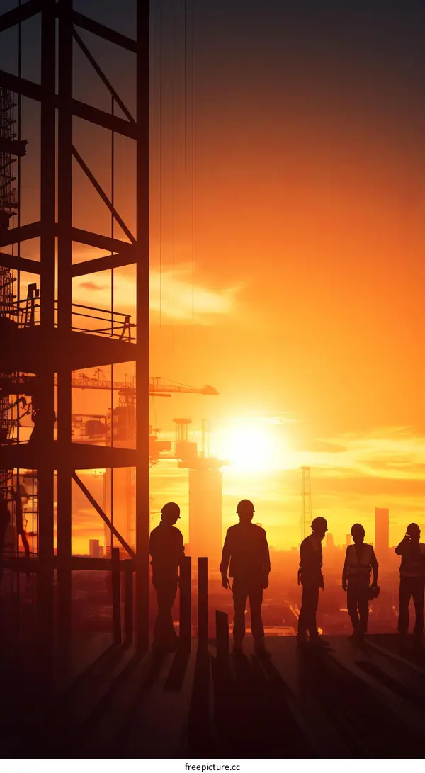 Construction workers on a building rooftop at sunset