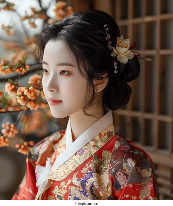 Portrait of a young woman in traditional Korean dress, or Hanbok