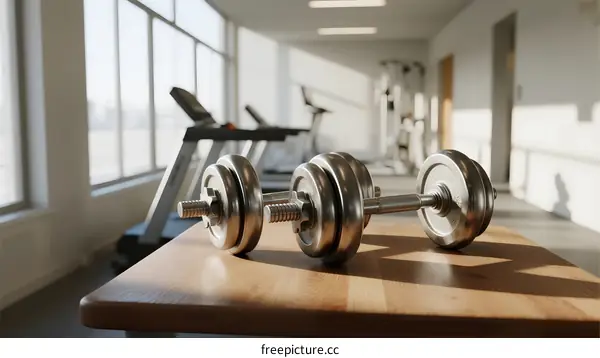 Dumbbells on wooden table in modern gym with exercise equipment