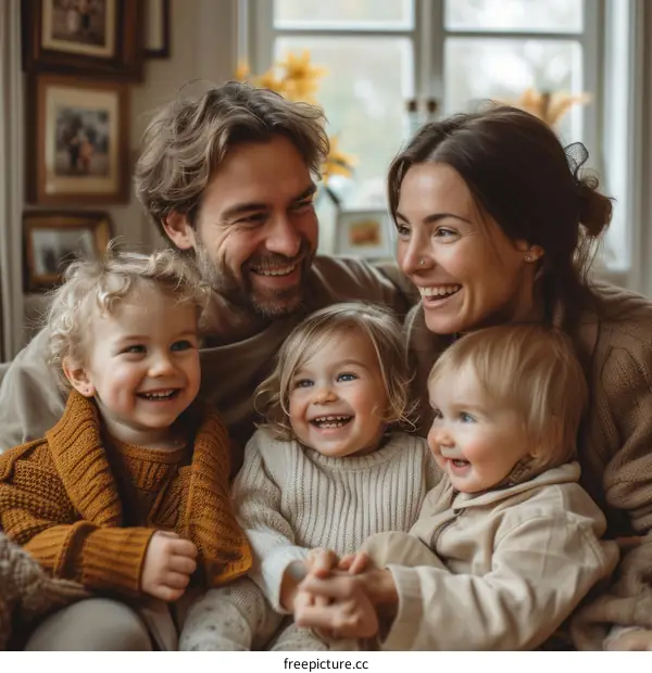 Family of five sitting on a couch and smiling