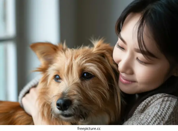 Young Asian woman hugging a small dog