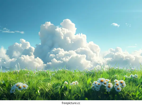 Daisies blooming under the blue sky and white clouds