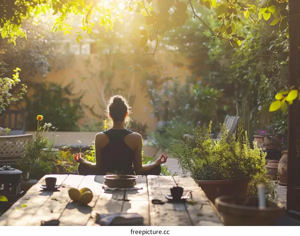 A woman is meditating in a garden