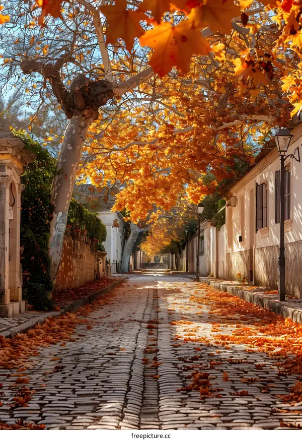 Cobblestone Street In Autumn With Orange Leaves