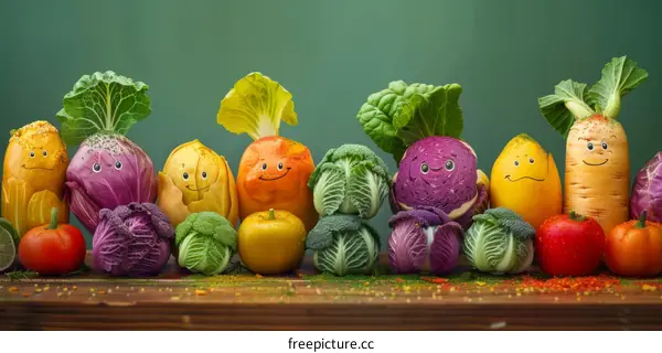 Cartoon Vegetables Sitting on a Wooden Table