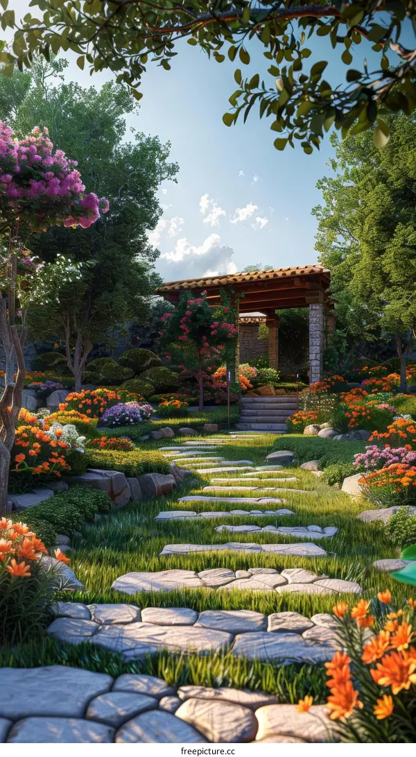 Stone Path through a Lush Garden