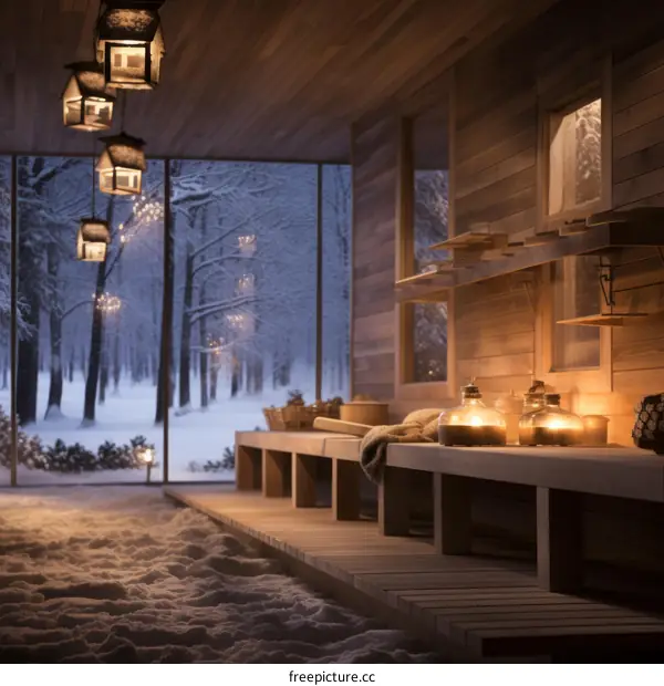 Cozy Scandinavian Cabin Interior with Snowy Forest Vista