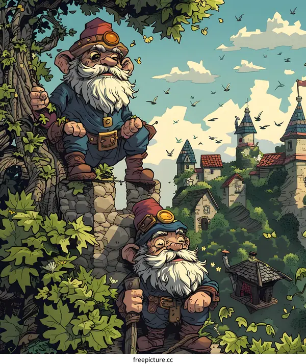 Two gnomes on a castle wall