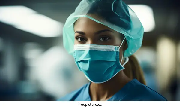 Portrait of a Young Female Surgeon in Scrubs, Mask and Cap