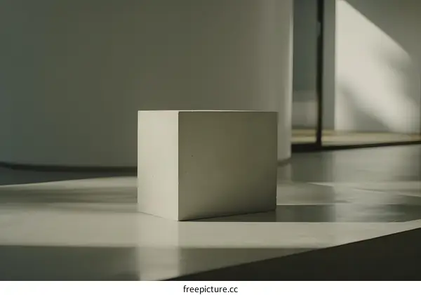 White Cube on a Light Gray Platform in a Minimalist Interior