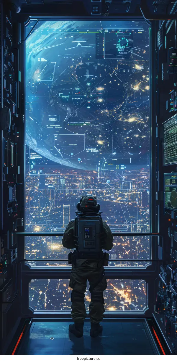 Space Soldier Viewing Futuristic Metropolis from Window