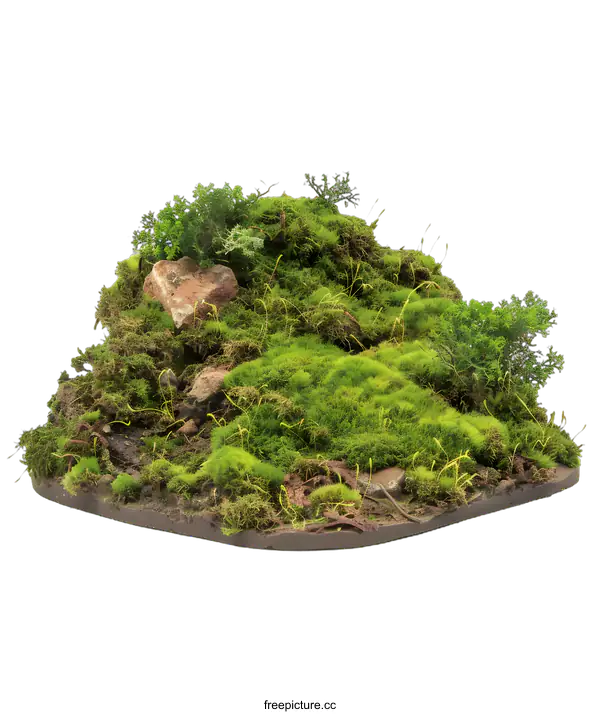 [Transparent Background PNG]Green Mossy Hill with Rocks and Plants on a White Background