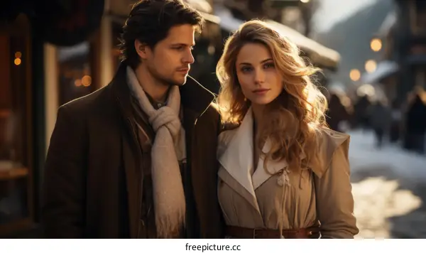 A couple walking down a snowy street