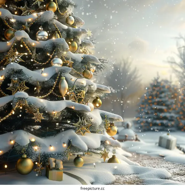 Winter Christmas Tree Snow Decorated