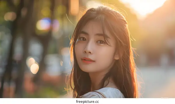 Portrait of a Beautiful Asian Woman with Long Hair