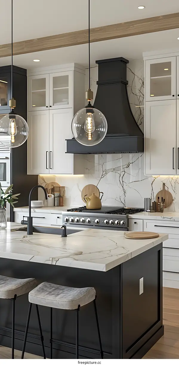Modern Kitchen Interior Design with Black and White Cabinets, Marble Countertops, and Pendant Lights