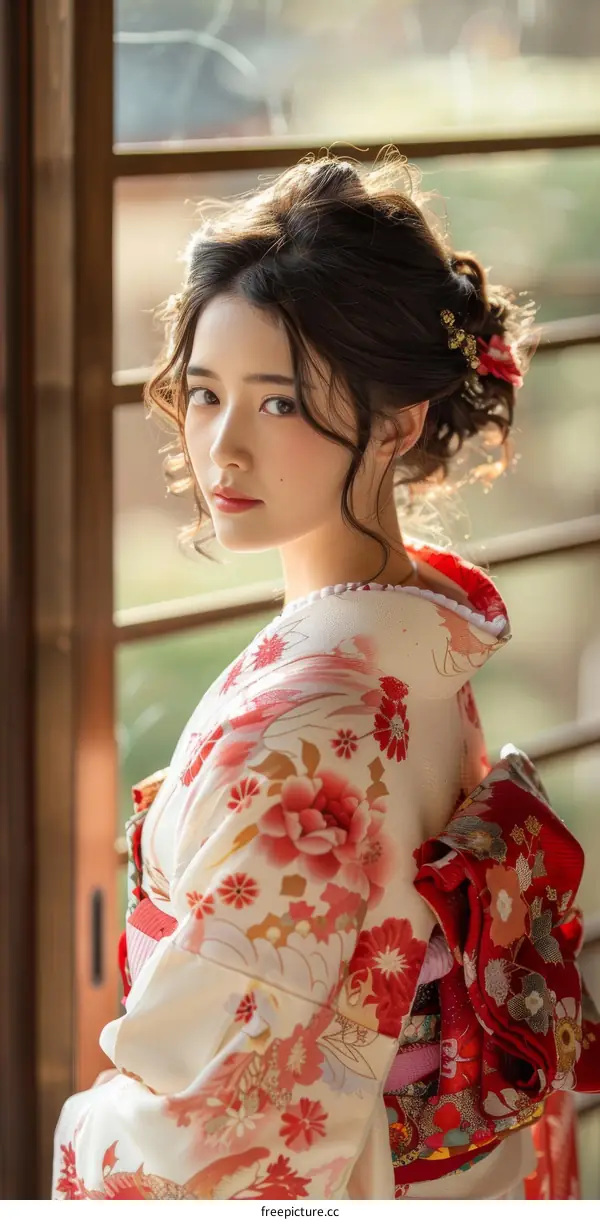 Portrait of a young woman in a kimono