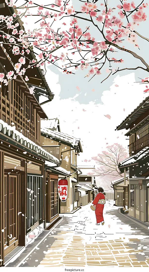 Snowy Street in Japan with Cherry Blossoms