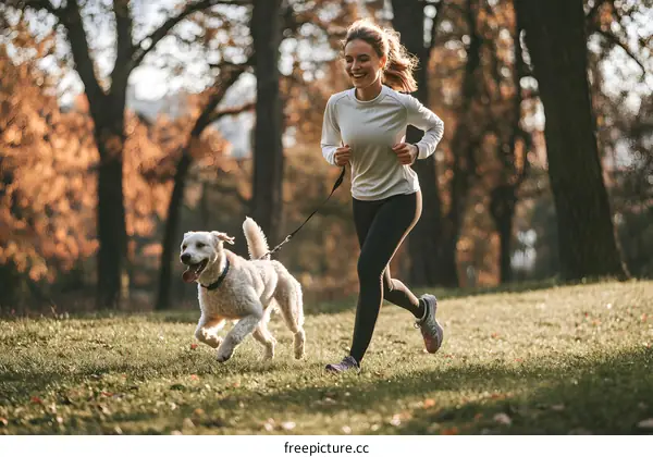 Woman Running With Dog in Park During Autumn