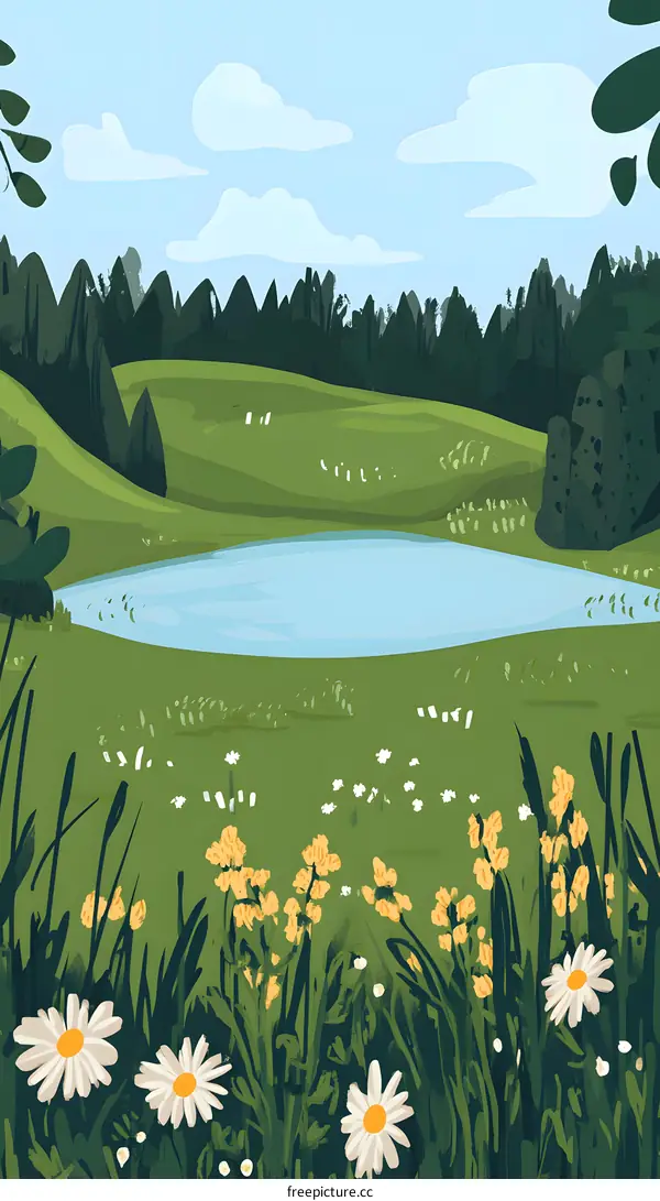 Summer Meadow With Blue Lake And Yellow Flowers