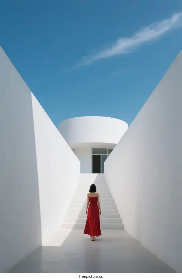 Woman in red dress walking towards modern white architecture under clear blue sky