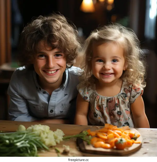 Portrait of happy Caucasian siblings sitting at a table with vegetables