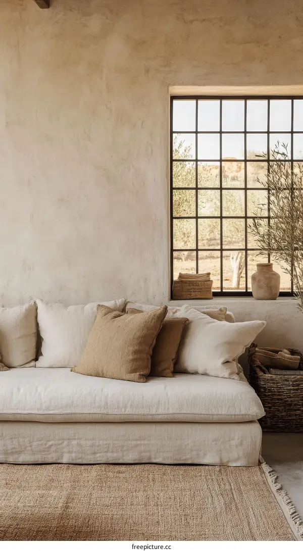 Beige Linen Sofa in a Minimalist Living Room