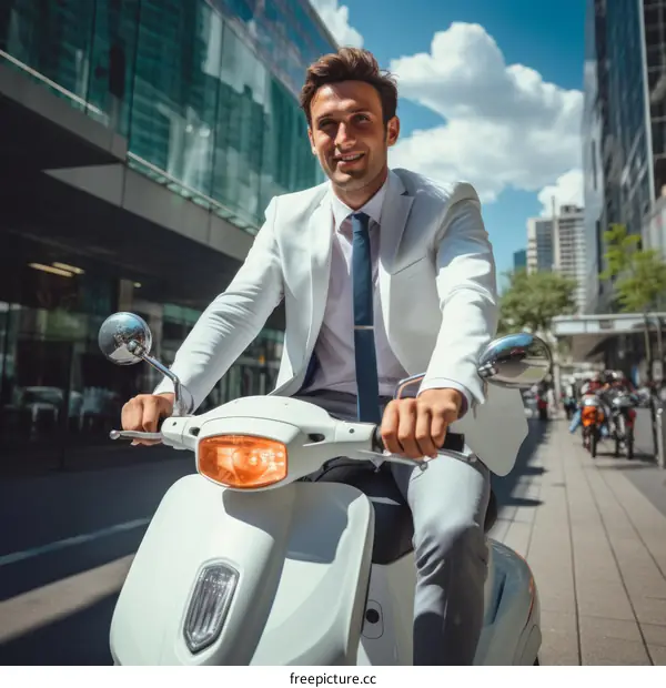 Confident businessman in white suit riding a scooter in the city