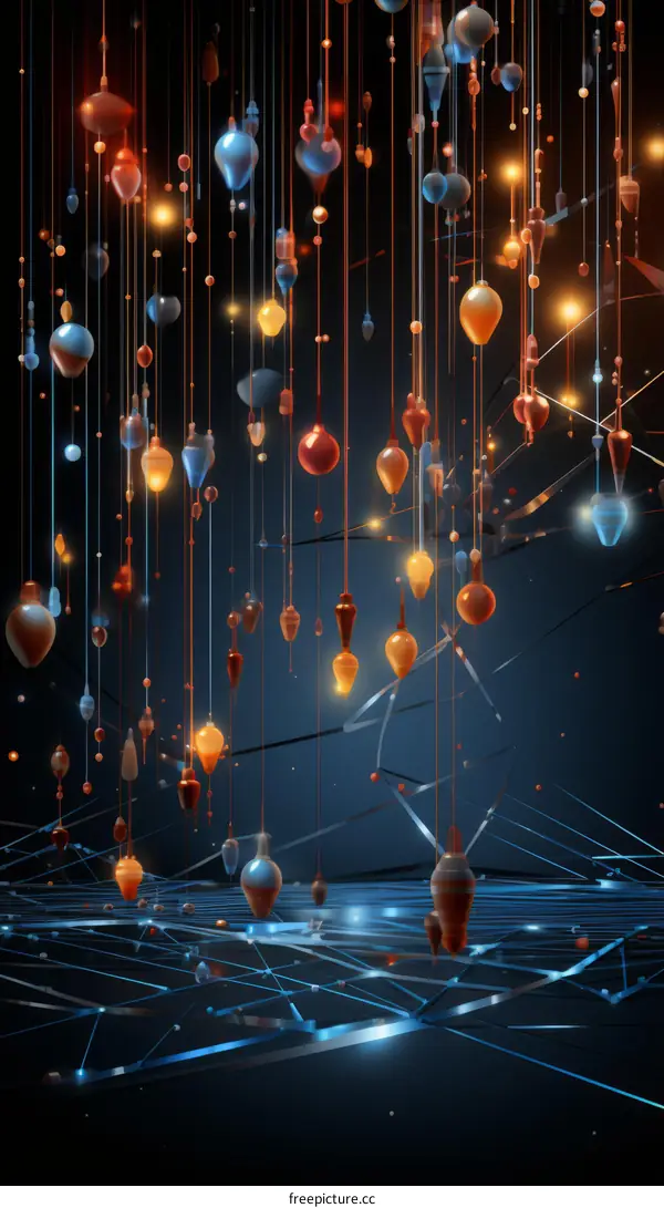 3D rendering of a bunch of glowing orbs hanging by strings with a dark background