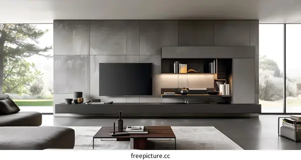 Modern Living Room Interior Design with Grey Stone Walls and a Large TV