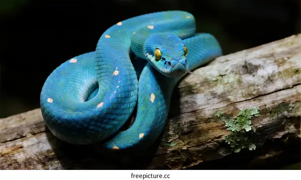 Blue Tree Python Coiled on Tree Branch in Forest
