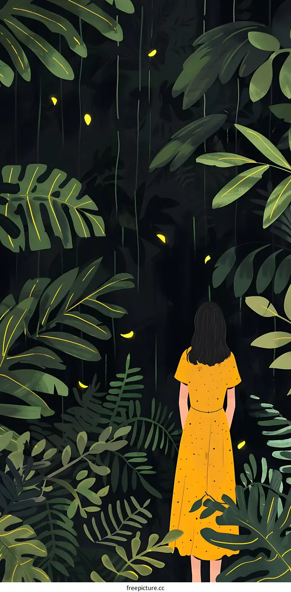 Woman in Yellow Dress Standing in a Lush Forest