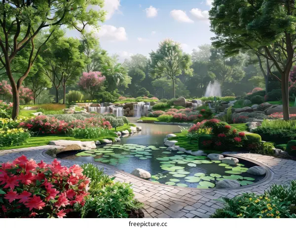 Beautiful Garden Landscape Illustration with Waterfalls