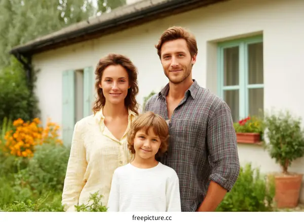 Happy Family in Front of a Country House